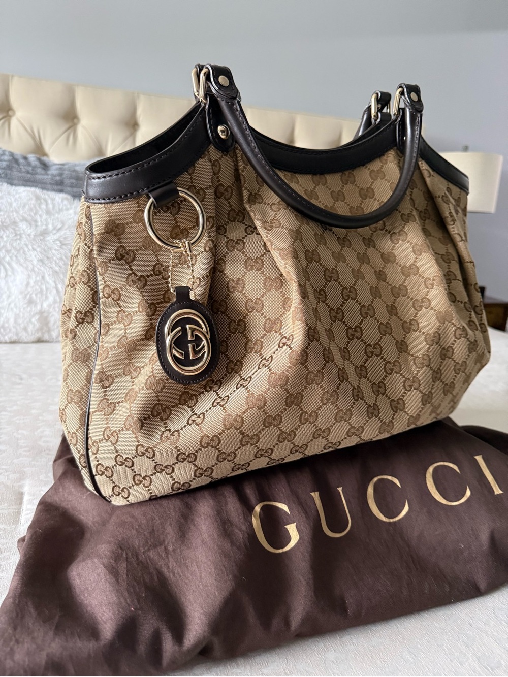Gucci Beige Brown GG Canvas Shoulder Bag with Dark Brown Leather
